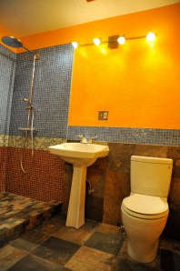 Mud Set Shower With Slate Floor and Glass Tiles